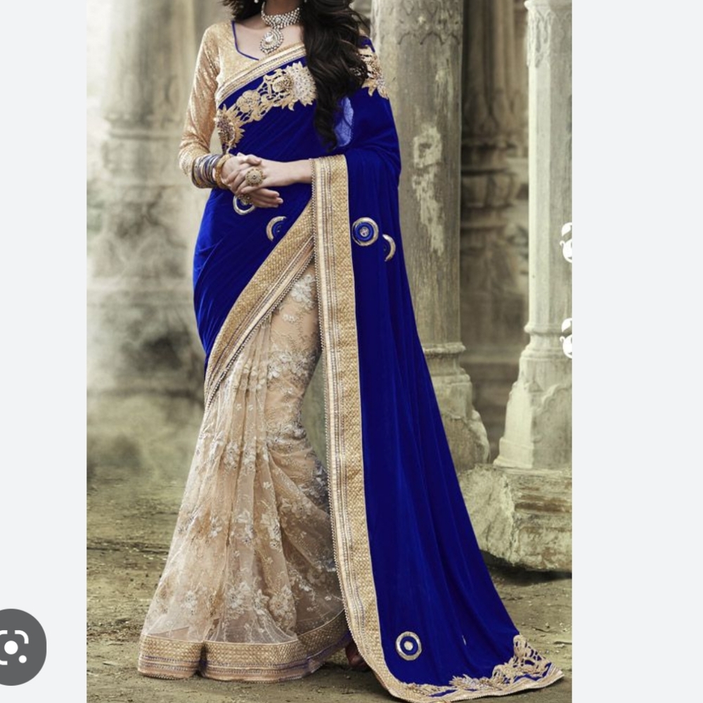 DESIGNER Lace & Velvet Pearl gotti embroidered half & half saree - Picture 1 of 16